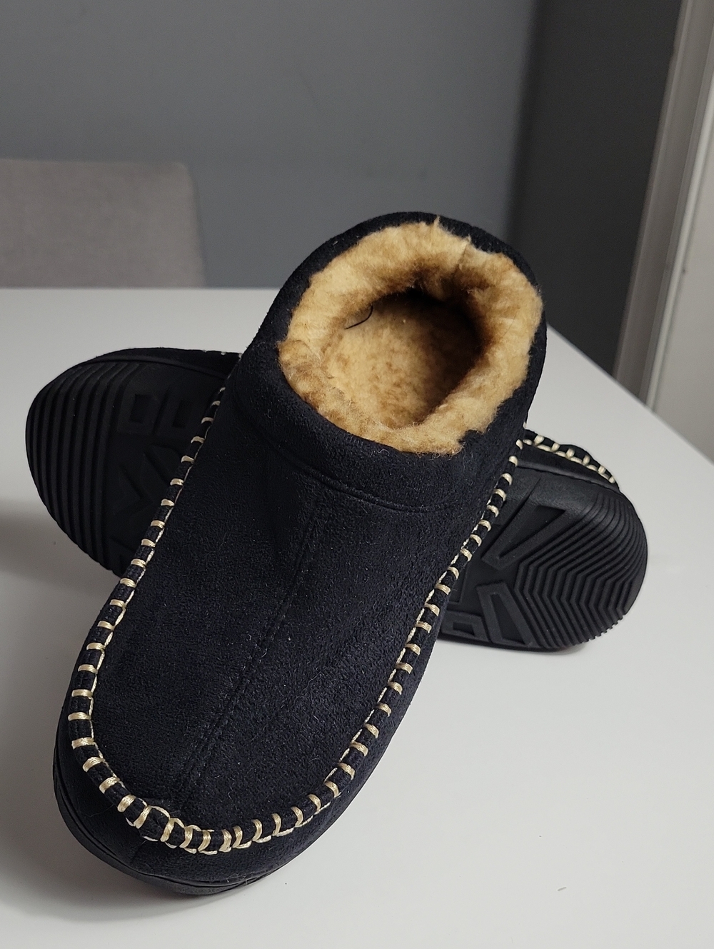 Men's Black Suede-Look Slip-On Slippers with Tan Shearling Lining
